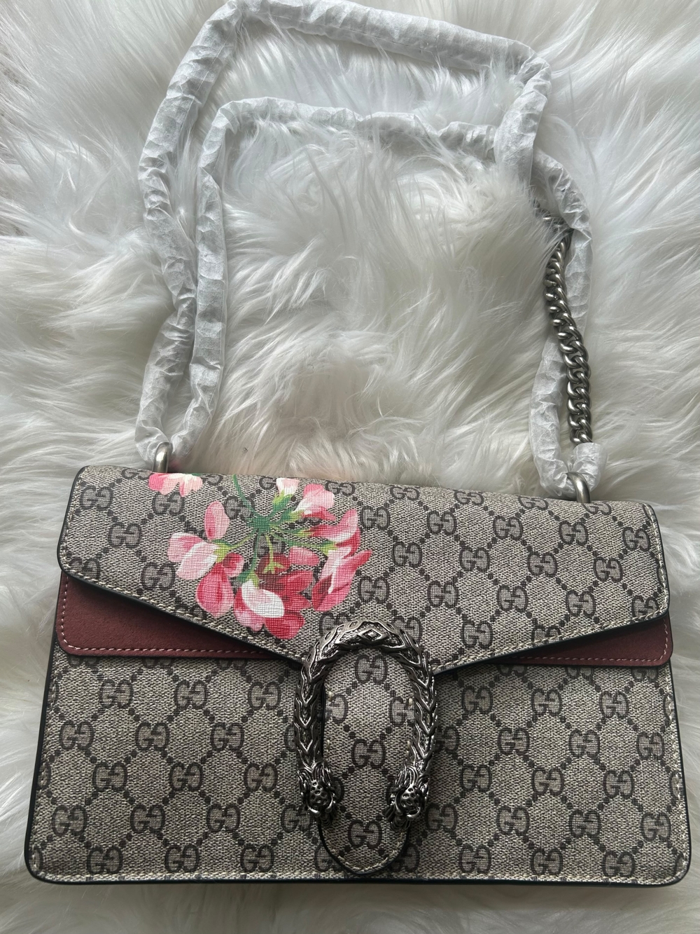 Gucci GG Supreme Shoulder Bag in Beige with Pink Floral and Burgundy Trim